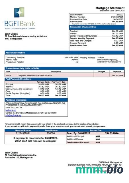 Madagaskar BGFI Bank Madagascar wyciąg z kredytu hipotecznego szablon Word i PDF